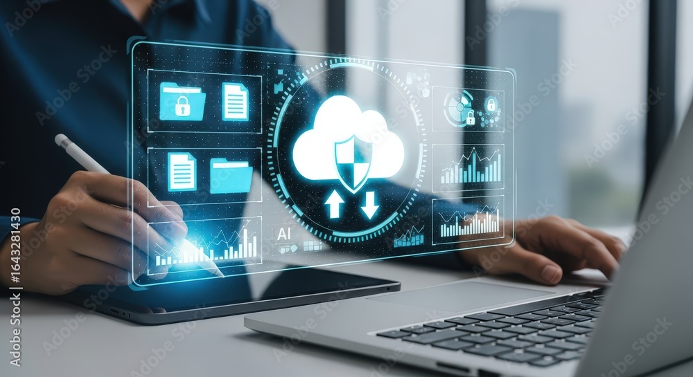 Poster 3d icon of cloud computing technology with data storage and network security