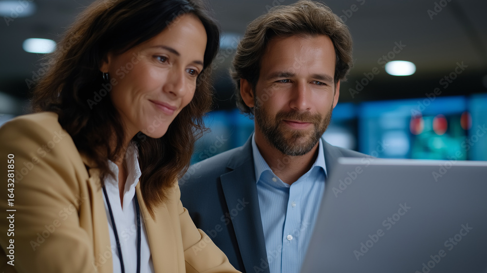 Poster project manager and engineer collaborate in telecom monitoring room