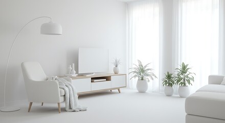 Bright Modern White Living Room Interior Design with Furniture and Plants