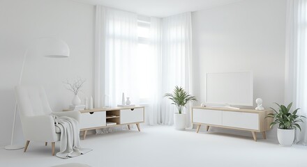 Bright White Scandinavian Living Room Interior Design with Natural Light