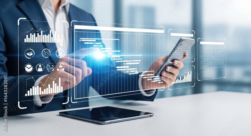 Poster 3d icon of businessman analyzing financial data on a virtual interface with charts