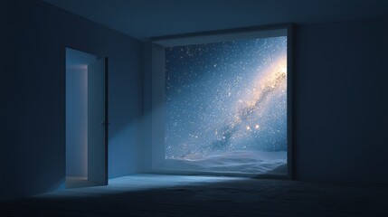 An ethereal room with an open door, revealing a mesmerizing galaxy filled with stars and cosmic colors.