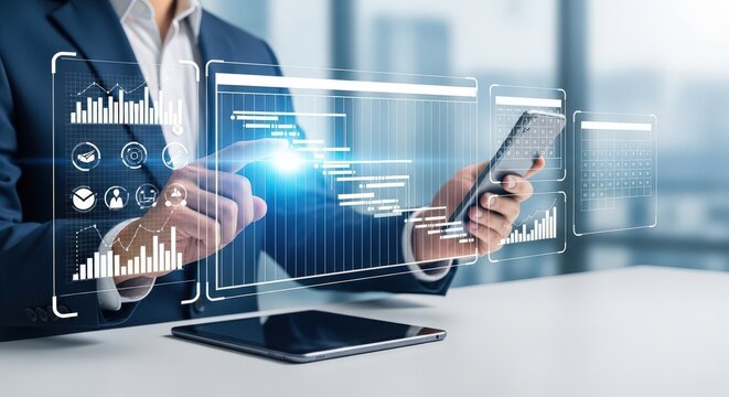 3d icon of businessman analyzing financial data on a virtual interface with charts - Powered by Adobe