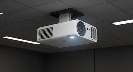 Overhead projector in a professional conference room. Suspended from a ceiling with a gray tile pattern, the device is white and ready for use.