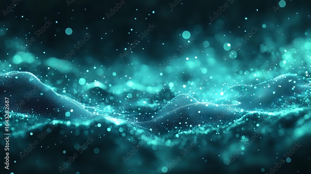 Poster glowing turquoise particles and light waves flow through dark space creating magical ethereal atmosp