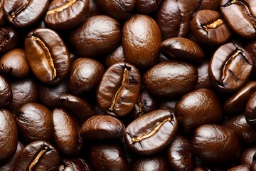 Fototapeta premium Fresh roasted coffee beans macro background showing rich brown color and natural texture detail for cafe, restaurant, and food industry designs.