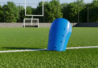 Blue protective shin guard on a grassy field with a goal post in the background. Athlete's equipment for a soccer game on a sports field.