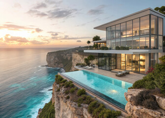 Fototapeta premium Modern luxury villa with infinity pool on ocean cliff, contemporary glass mansion at sunset, coastal real estate architecture with sea view