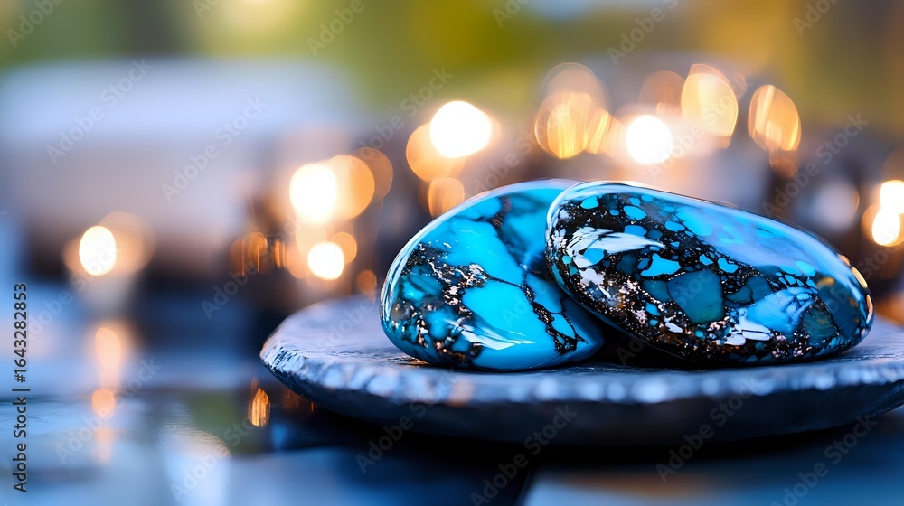 Poster turquoise gemstones with natural black matrix patterns displayed on dark surface against soft bokeh 