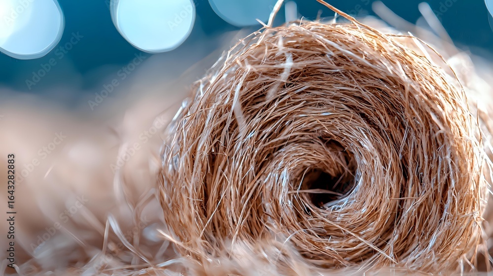 Poster macro shot of dry spiral grass nest or bird nest material with soft bokeh background in blue tones, 
