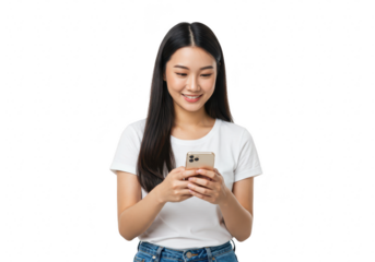Young asian woman holding a smartphone and looking at the screen, isolated on transparent background