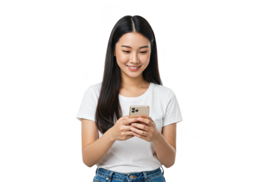 Young asian woman holding a smartphone and looking at the screen, isolated on transparent background