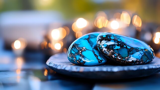 Turquoise gemstones with natural black matrix patterns displayed on dark surface against soft bokeh lights creating magical atmosphere for jewelry and spiritual concepts.