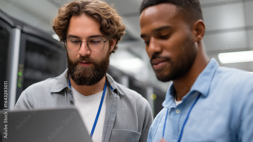 Poster it technicians collaborating in a data center for server maintenance