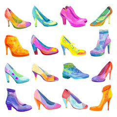 Set of colorful high heel shoes in various artistic designs on white background, isolated for fashion illustration. Assorted multicolored artistic high heel shoes in abstract style in rows. 