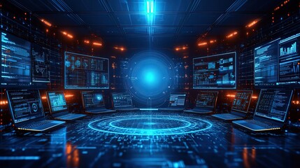 High - tech Control Room with Multiple Monitors and Laptops, Futuristic Digital Interface