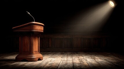 Wooden podium with microphone in dimly lit room.