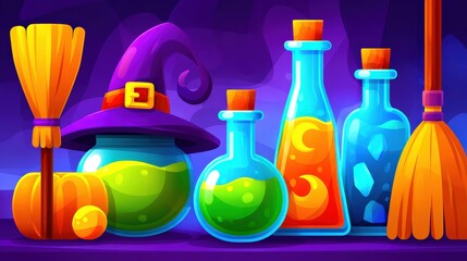 halloween Minimal concept of Seamless pattern of witch hats, potion bottles, brooms, crystals, moons, and spellbooks, flat vector icons, balanced spacing, versatile colorway, halloween background for