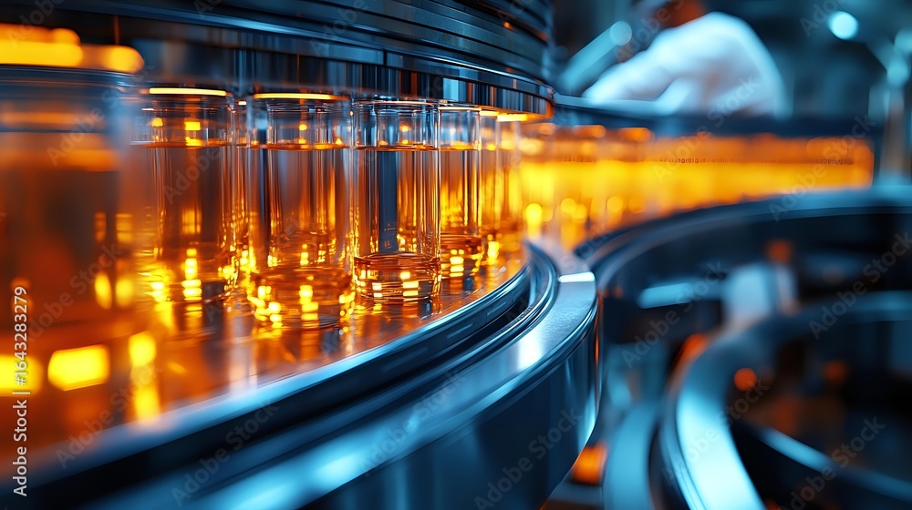 Poster glowing amber liquid samples in test tubes on automated laboratory carousel system against dark back