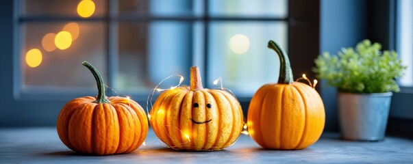halloween Minimal concept of Border of autumn leaves, maple, oak, berries, and tiny pumpkins with warm fairy lights, soft bokeh interior for text, cozy seasonal halloween background for cafes,