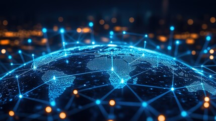 Digital Globe with Connecting Dots and Lines in Dark Background for Tech and Networking Use 