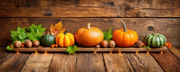 halloween Minimal concept of Border of autumn leaves, maple, oak, berries, and tiny pumpkins with warm fairy lights, soft bokeh interior for text, cozy seasonal halloween background for cafes,