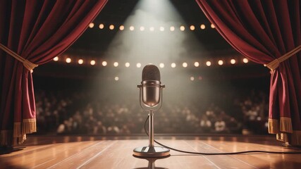 Vintage microphone on wooden stage under spotlight with red theater curtains and blurred audience in background during live performance
- Powered by Adobe