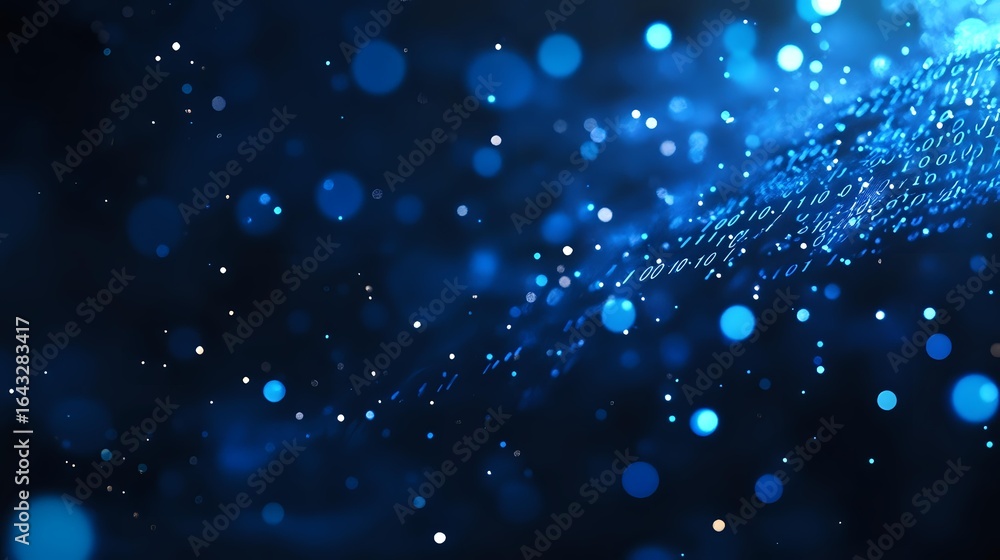 Poster glowing blue bokeh lights and particles floating in dark space create magical atmospheric effect wit