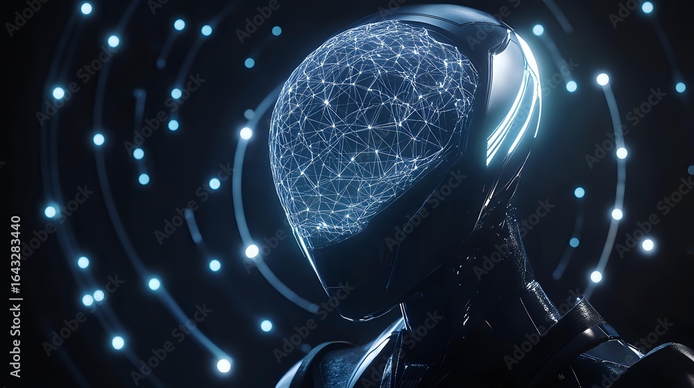 Poster futuristic cyborg head with glowing neural network brain pattern against dark background with light 