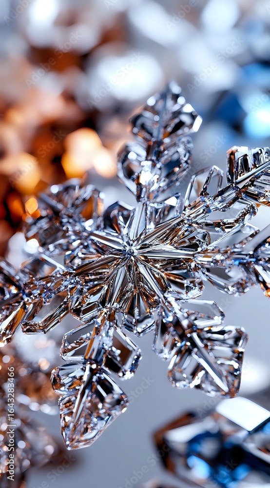 Poster crystal snowflake ornament with intricate details captured in macro photography. warm golden light r