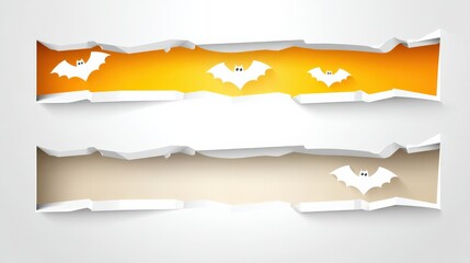 halloween Minimal concept of Layered torn paper edges revealing dark night, bats between layers, stitched textures, subtle shadows, central copy space, handcrafted halloween background for scrapbook,