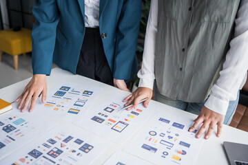 Developer team brainstorming user interface and experience designs for mobile application ux ui...