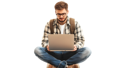 Man with glasses sitting cross legged using a laptop wearing a backpack and a plaid shirt isolated