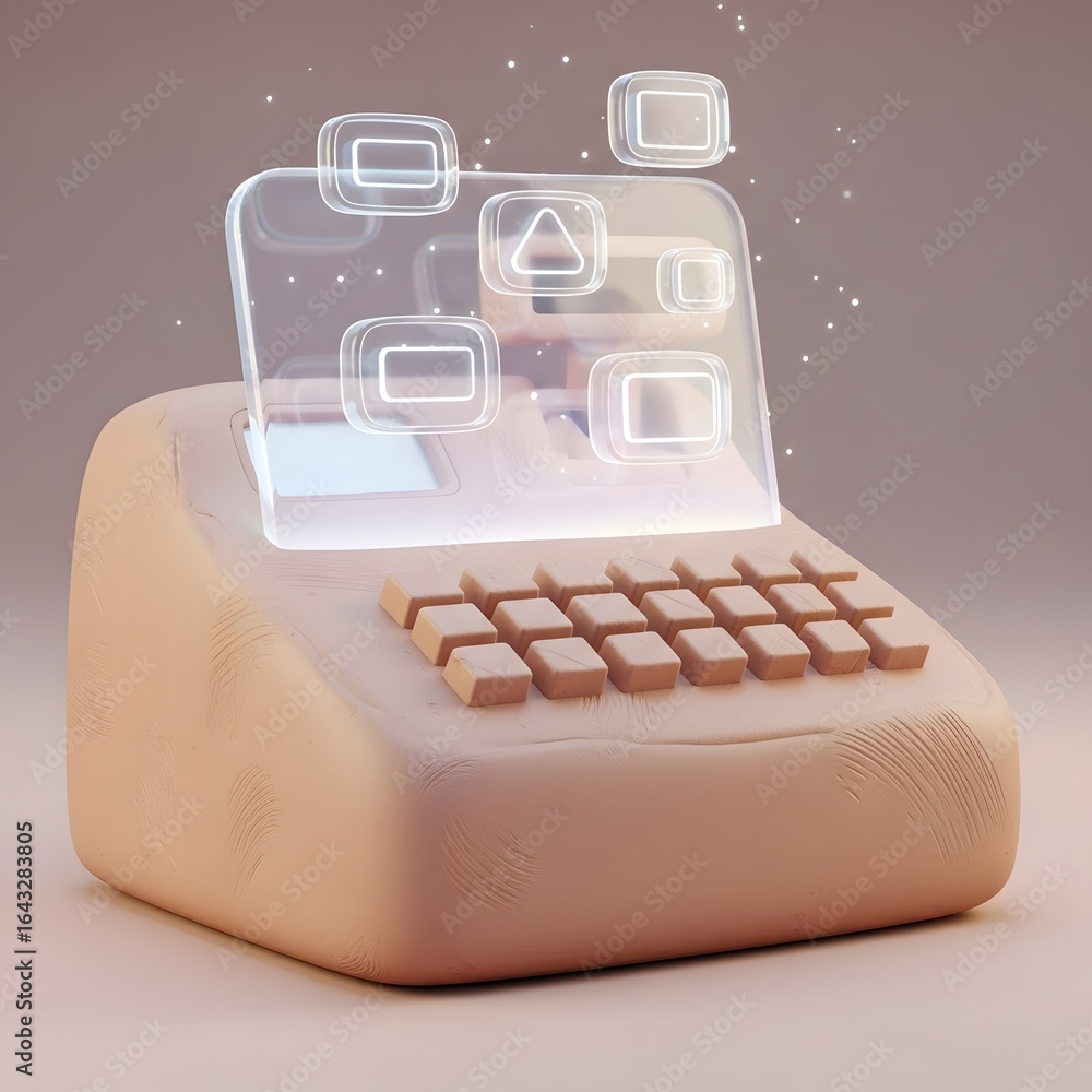 Fototapete a retro-futuristic computer with a holographic screen displaying glowing user interface icons.