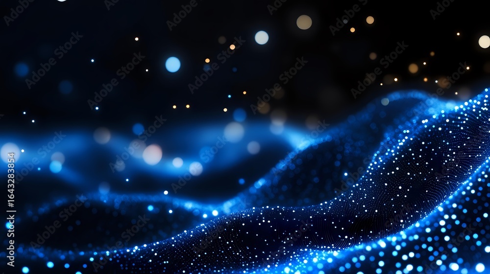 Poster glowing blue particles flow in waves against dark background creating magical atmosphere with bokeh 