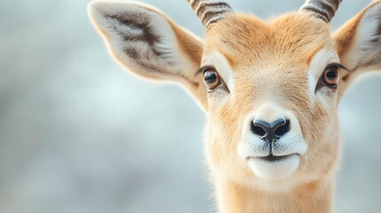 Obraz premium Close up portrait of young antelope with soft beige fur and large expressive eyes against blurred natural background, showing gentle facial features and alert ears.