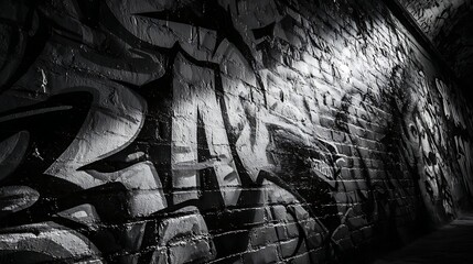 Naklejka premium Monochrome Graffiti Art on Brick Wall
