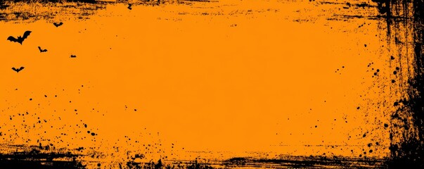 halloween Minimal concept of Grunge orange backdrop with ink splatter bats, rough edges, distressed texture, central clean rectangle, bold headline area, edgy halloween background for rock events,