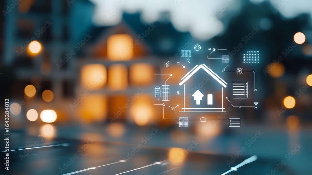 Poster glowing smart home icon with connected devices interface floating over blurred cityscape background 