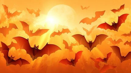 halloween Minimal concept of Bats in motion blur swooping across giant moon, radial light beams, subtle grain, dramatic yet clean center for typography, cinematic halloween background for trailers,