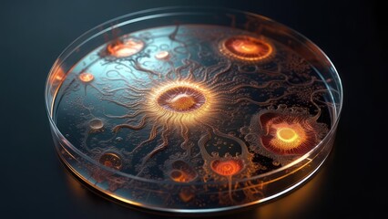 Petri dish with glowing colonies