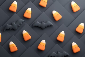halloween Minimal concept of 3D render glossy candy corn and gummy bats scattered in repeating diagonal pattern, soft shadows, matte black background, premium photoreal vibe, halloween background for