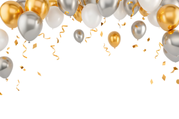 Gold Silver Balloons Confetti Celebration isolated on a transparent background gold balloons