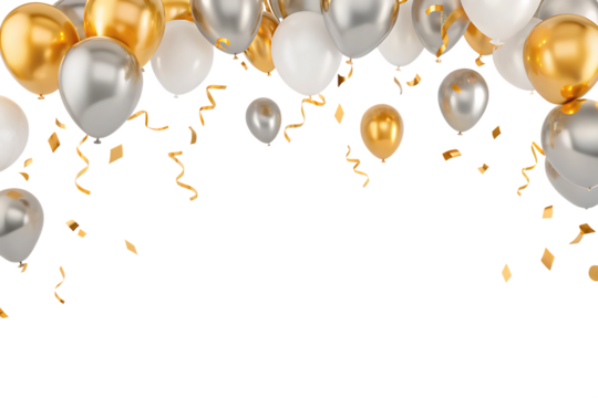 Gold Silver Balloons Confetti Celebration isolated on a transparent background gold balloons - Powered by Adobe