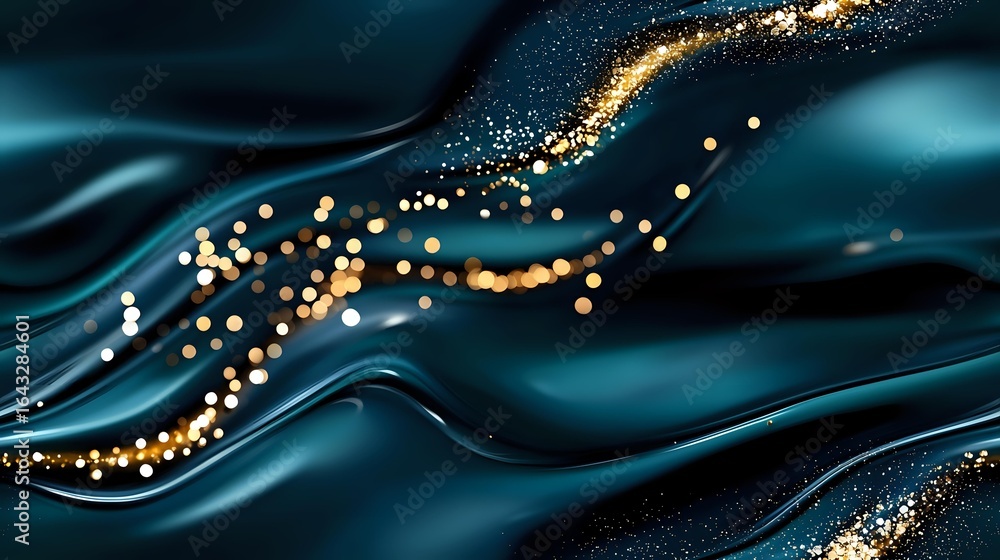 Poster luxurious dark teal waves with golden glitter trail creating elegant flowing pattern. abstract backg