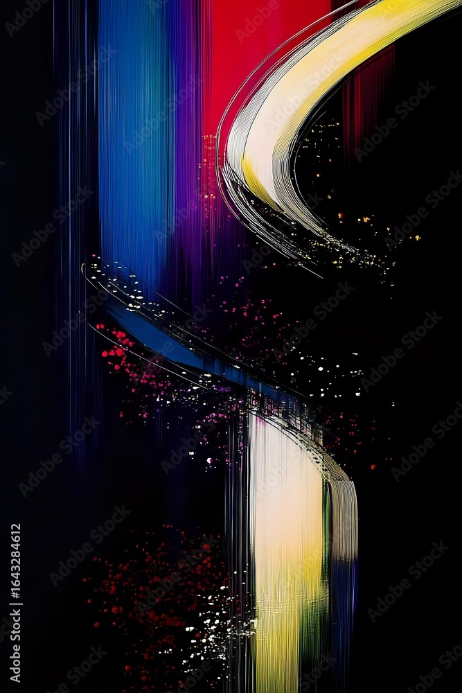 Poster abstract colorful light streams and particles flowing through dark space create dynamic motion effec