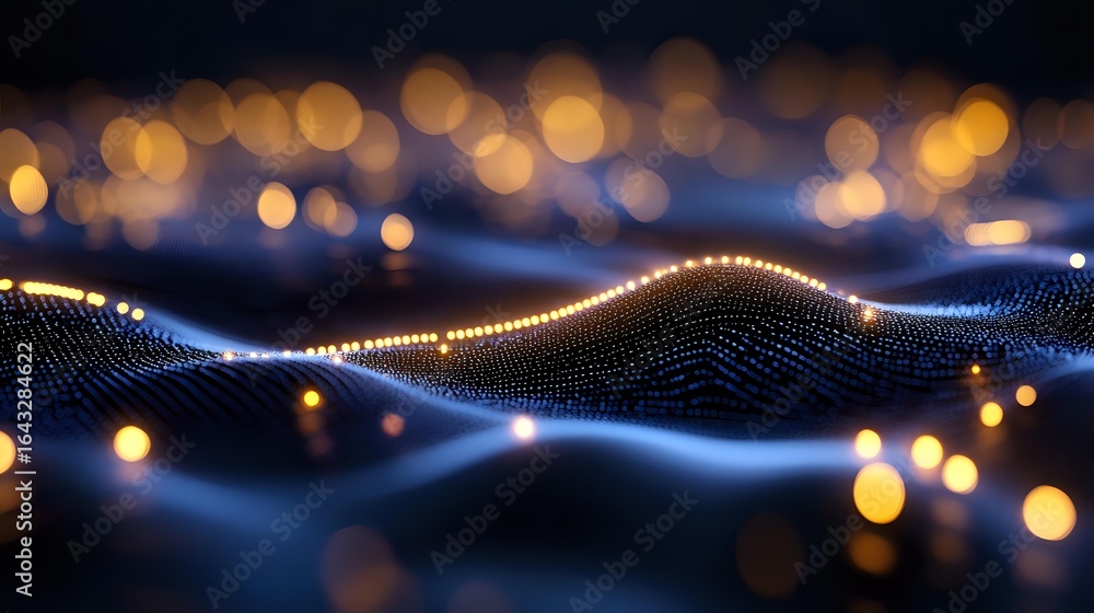 Poster glowing digital wave pattern with golden bokeh lights on dark background creates futuristic technolo