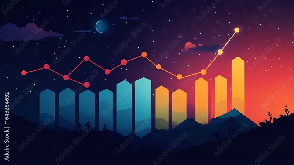 Aufkleber growing financial chart with gradient columns and line graph against night sky with moon and stars o