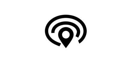 GPS icon with radar waves and location pin, black silhouette,