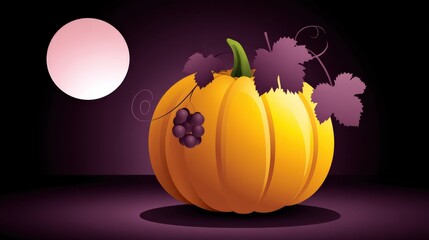 halloween Minimal concept of Silhouette pumpkin vine frame curling around edges, small blossoms, leaves, and tendrils, soft gradient night sky behind, generous copy space, elegant halloween